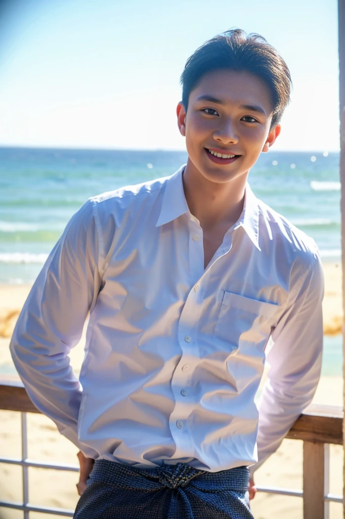 ((Highest quality, 8K, Masterpiece: 1.3))、Thailand Laos Burma Asia, Thai man, A handsome Asian rugby player with short hair, a muscular beard, and big muscles., 1A man who has、 yo、Good appearance、Beautiful nose、smile、 Detailed eyes and face、beautiful light、(studio)、high resolution、(Look at the viewer.)、Fine mouth、smile、whole body: 1.5, perfect shape: 1.3, looking at camera ,White button-down shirt , seaside beach sunshine looking at the sea