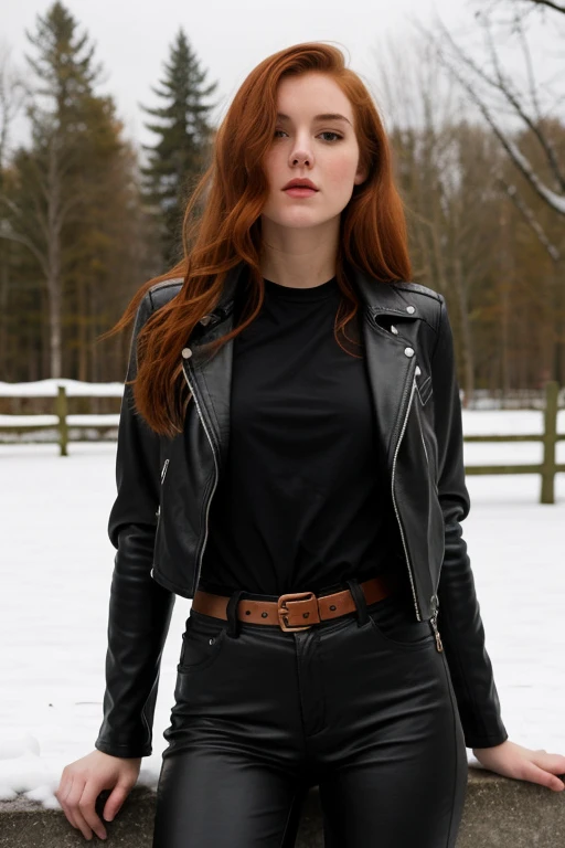 ((Best Quality)), ((Masterpiece)), (detailed), 1 pale skinned girl with reddish hair, long and wavy, dressed in a black leather jacket and black pants, with black boots sosteniendo en sus piernas a 1 chico de piel pálida, copper-haired man dressed in a black leather jacket and black pants, with black boots, wounded by a bullet in the lower back and lying in a pool of blood while it snows