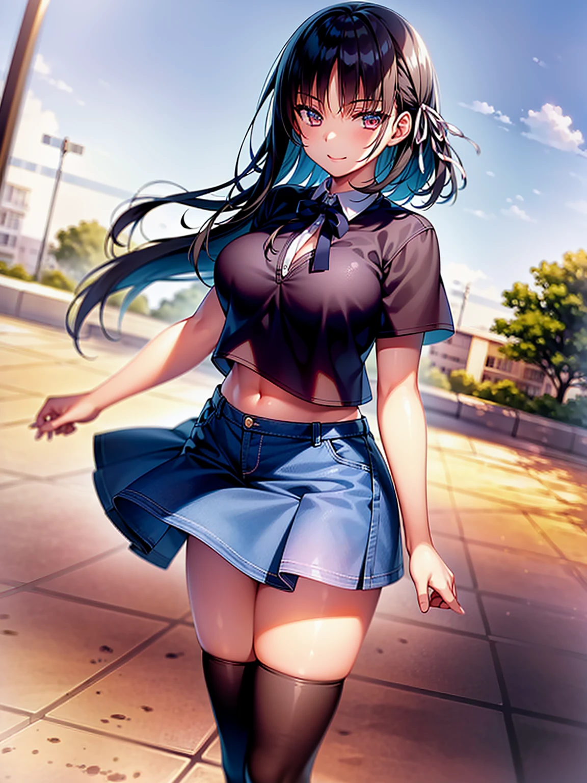 (8K, Highest quality, Highest quality, masterpiece), standing, 1girl, solo, cowboy shot, aasuzune, short hair, black hair, (single braid:1.2), hair ribbon, crop top, black thighhighs, smile, Denim short shorts, school, outdoors, large breasts, cleavage