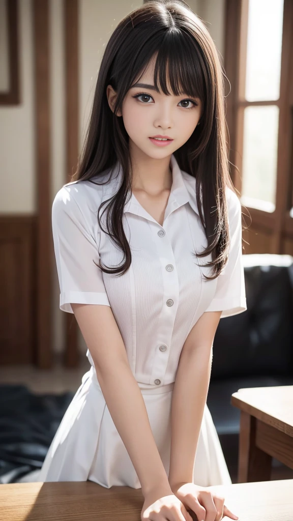 (8K, Highest quality, masterpiece:1.2, RAW Photos), One girl, (e schrl, Idol, beautiful girl, Baby Facekin Dentition:1.5), night, (dark), Clear background indoors, Beautiful Bangs, nice, (Clothing and uniforms:1.3), (Attractive breasts:1.2), ((奇妙なdark部屋:1.3)), (Mouth closed:1.2, Beautiful Eyes, Fine grain, Detailed Iris, Beautiful Lips, Beautiful Nose, Beautiful Face), (primary color:1.5), (Beautifully glowing eyes:1.3), (Detailed eyes and face:1.3, Professional photography techniques), (Detailed hands), (Gaze at the viewer, blush:1.2)