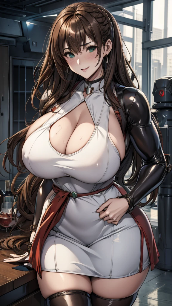 25-year-old wife,light brown hair,side braid,Smile,Large Breasts,cleavage,Sheer red sleeveless top,中間留空露出cleavage,Soaked all over,Blushing,green eyes,Female spy,red miniskirt,White gloves,White hand sleeves,White boots,Science fiction,Future,Inside the combat robot warehouse,robot driver,Pistol hanging on waist,No bangs,Wearing earrings only on one side,leather neck brace