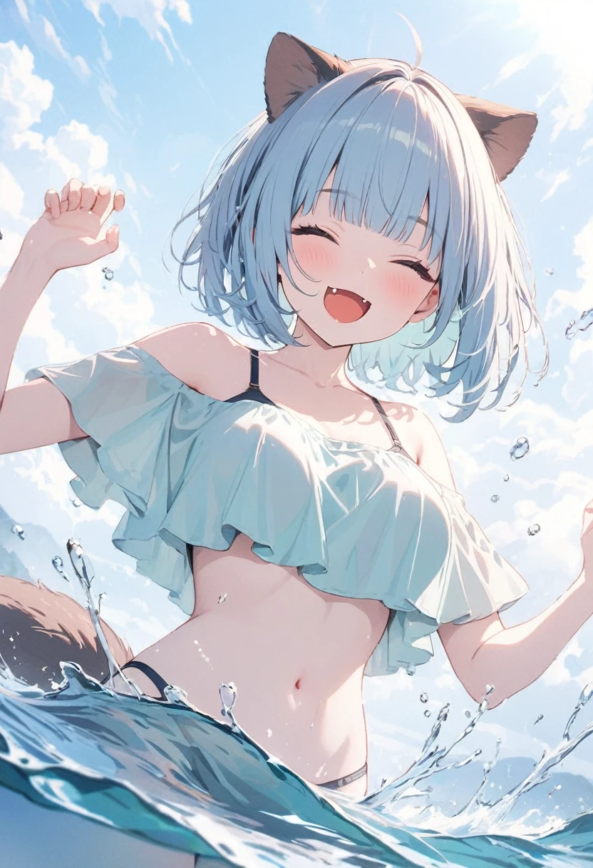 (best quarity,ultra detailed,ultra-high-resolution, absolutely resolution,8k, masterpiece),anime,(pale colors:1.8),long shot, 1girl, solo, cat mouth, hands up, shoulder-deep in water, smile, closed eyes, opened mouth, fang, blue hair, bobcut, straight hair, racoon ears, racoon tail, (brown streaked hair:1.3), (blunt bangs) ,thick eyebrows, big , off shoulder ,  water splash background, summer, fullbody,