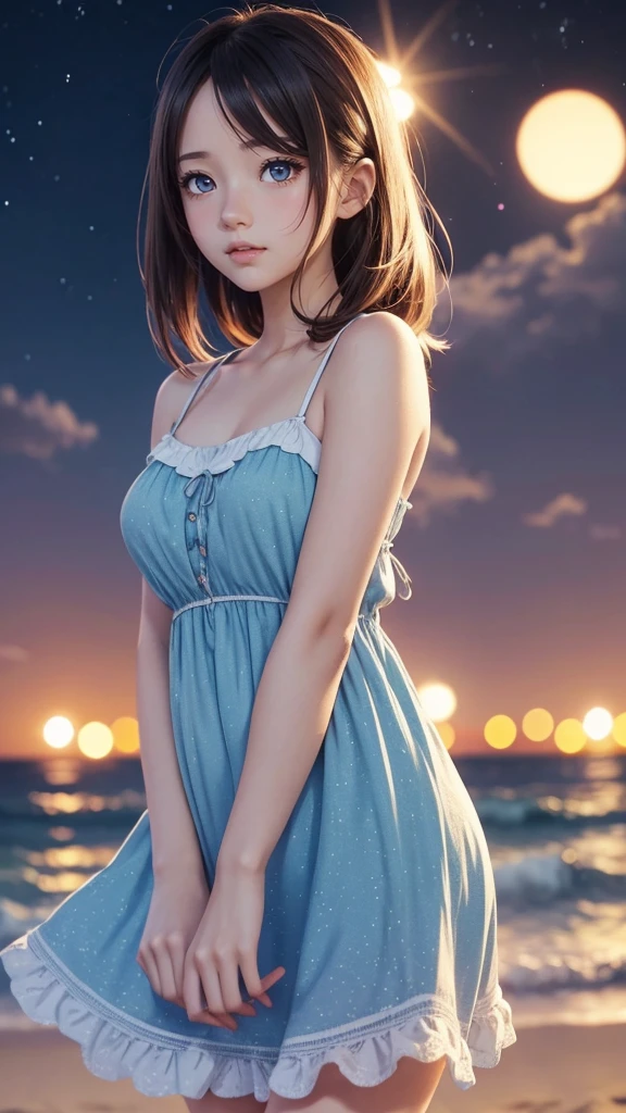 anime artwork {A anime screenshot of a girl wearing sundress on a beach at night. Looking at viewer, beautiful detailed eyes, bokeh, depth blur} . anime style, key visual, vibrant, studio anime, highly detailed"