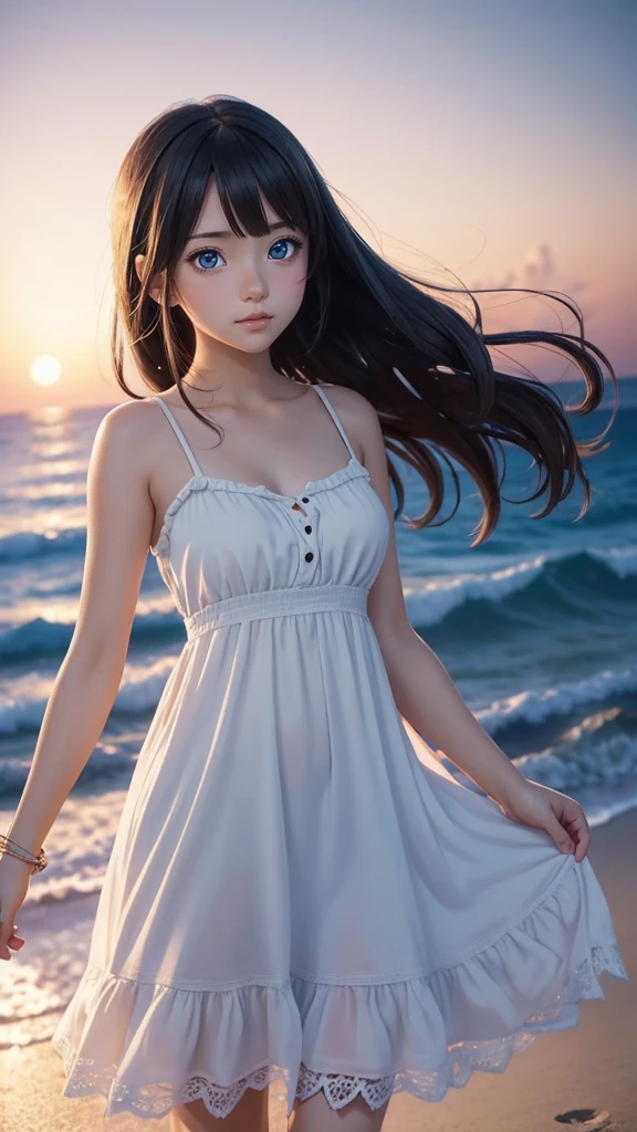 very cute and beautiful girl,frilled white sun dress with detailed lace,(highly detailed beautiful face and eyes:1.2),
(smile),blush,looking at viewer,black hair,dynamic pose,cowboy shot,(skirt lift,white panties),
beach,distant rugged cliffs,
(best quality,masterpiece:1.2),absurdres,highres,ultra-detailed,extremely detailed,32k,8k resolution,
intricate details,cinematic scene,detailed background,solo,dynamic angle,
hair fluttering in the wind,beautiful detailed sky,