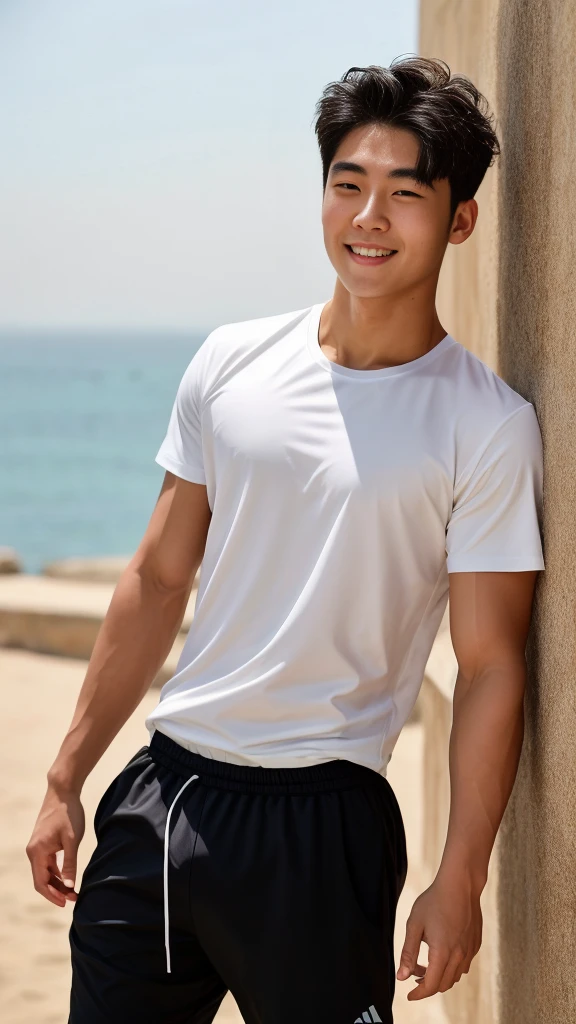 独奏: 1.5, (As a matter of fact, Masterpiece, 8k HD, good light quality, sportswear, fit the face, complicated details), A handsome Korean young man with muscular arms. , 20 years old, be happy, smile brightly, detailed face, delicate eyes, look at the sky, Wear a tight white t-shirt.:1.6, Long pants, period, black eyes, Black hair color, ผมsmooth, smooth, outdoor sports, By the sea, nighttime，Surreal，Awesome details，Highest quality，real，Open your mouth to talk. , Close your eyes.,Standing on the edge of the market 