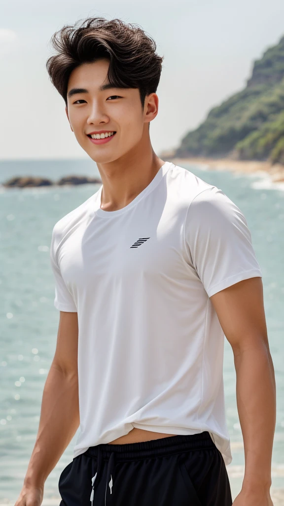 独奏: 1.5, (As a matter of fact, Masterpiece, 8k HD, good light quality, sportswear, fit the face, complicated details), A handsome Korean young man with muscular arms. , 20 years old, be happy, smile brightly, detailed face, delicate eyes, look at the sky, Wear a tight white t-shirt.:1.6, Long pants, period, black eyes, Black hair color, ผมsmooth, smooth, outdoor sports, By the sea, nighttime，Surreal，Awesome details，Highest quality，real，Open your mouth to talk. , Close your eyes.,Standing on the edge of the market 