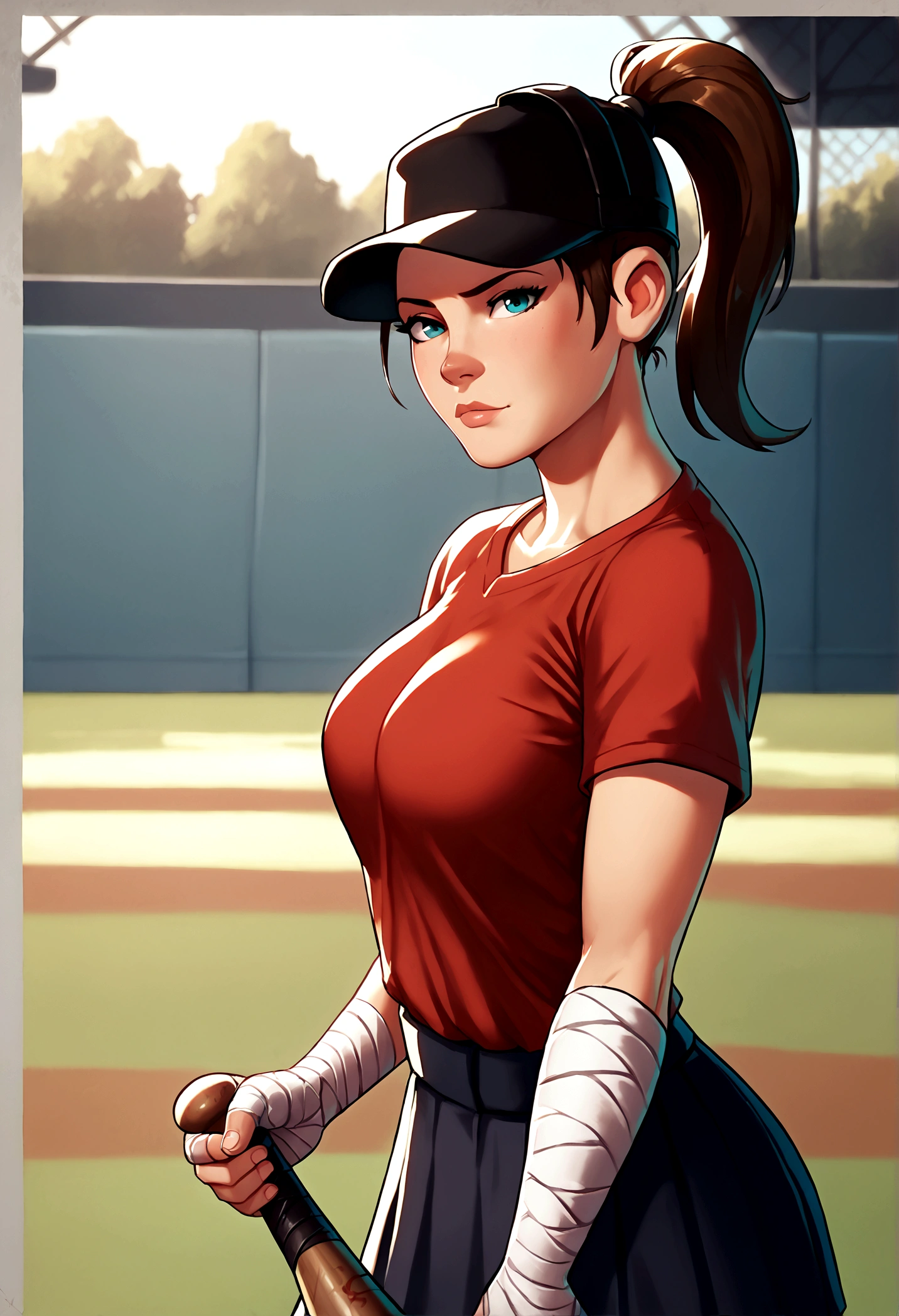 score_9, score_8_up, score_7_up, BREAK, 1girl, solo, breasts, looking at viewer, femscout, ponytail, baseball cap, red shirt, skirt, bandaged arm, baseball stadium, baseball bat,