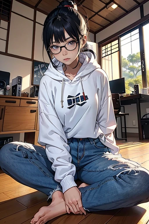 There is a woman sitting cross-legged on the floor...., Wearing glasses, Wearing glasses on, Japanese Model, Wearing glassesいた, A surreal , Wearing square glasses, Without glasses, A real young gravure idol, Geeky look, Wearing glassesいる, Young and sexy gravure idol, surreal , Yoshitomo Nara, White hoodie, Read comics,Denim pants, I like manga,Mole under the left eye,Cute Freckles,barefoot,Facing forward,Watching the audience,Japanese-style house,Face Front,