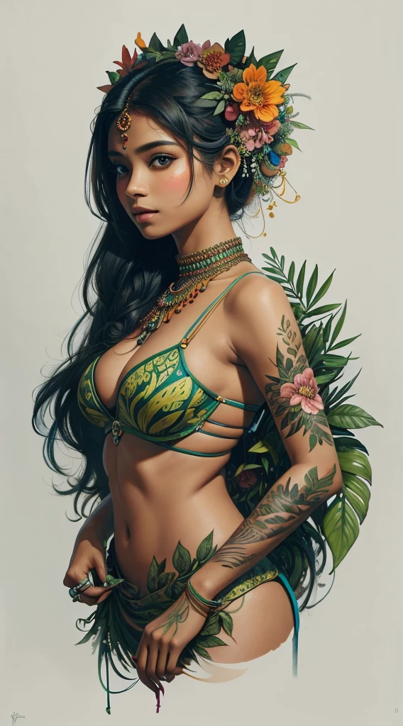girl nude, little body, little breast, (((all body artistic painting fullcolors pastel))), wonderfull yakuza tattoo work, multicolor hair, ((long hair pin with detailled decoration)), complex asian hairstyle, masterpiece, best quality, in bamboo forest, (((standing, front view
, all body)))