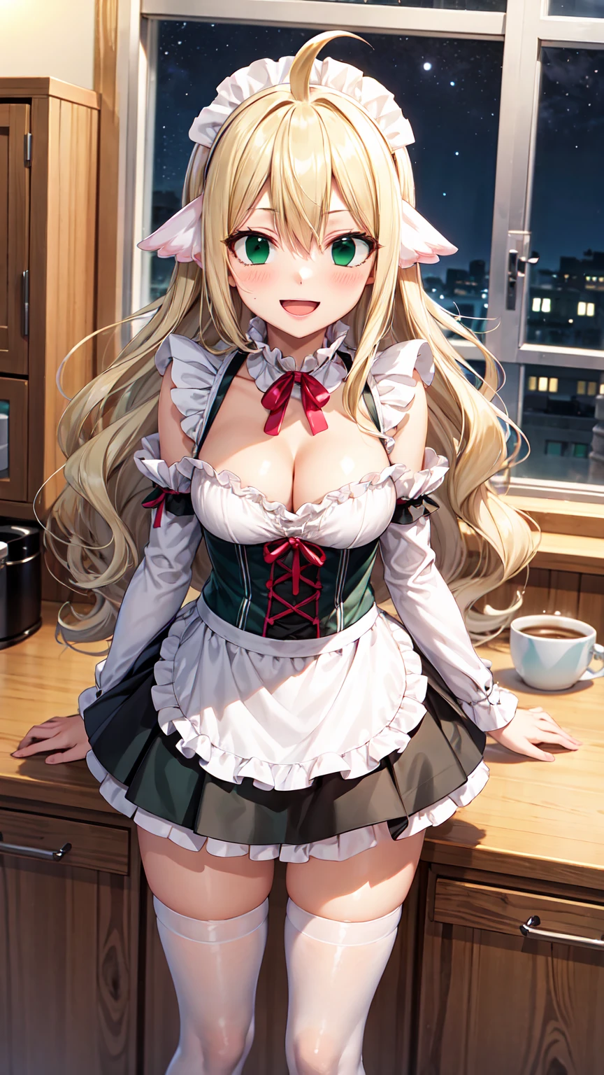 Masterpiece ,best quality , high resolution , (1 girl solo:1.38) , (mavis, long hair, blonde hair, (green eyes:1.5), ahoge, wavy hair) , (cleavage:1.2) , (medium breast:1.28) , (wearmaid miniskirt , maid head band , sleeves , stockings ) , (cleavage:1.15) , (big breast:1.1) , (face view , look at view) , (indoor, in kitchen , night , moonlight , windows , candel , coffee on table ) , (standing , thighs ) , ( smile , open mouth , full face blush , shy )