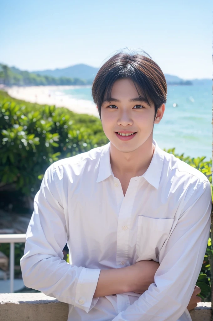((Highest quality, 8K, Masterpiece: 1.3))、Thailand Laos Burma Asia, Thai man, A handsome Asian rugby player with short hair, a muscular beard, and big muscles., １A man who has、 yo、Good appearance、Beautiful nose、smile、 Detailed eyes and face、beautiful light、(studio)、high resolution、（Look at the viewer.）、Fine mouth、smile、whole body: 1.5, perfect shape: 1.3, looking at camera ,White button-down shirt , seaside beach sunshine looking at the sea