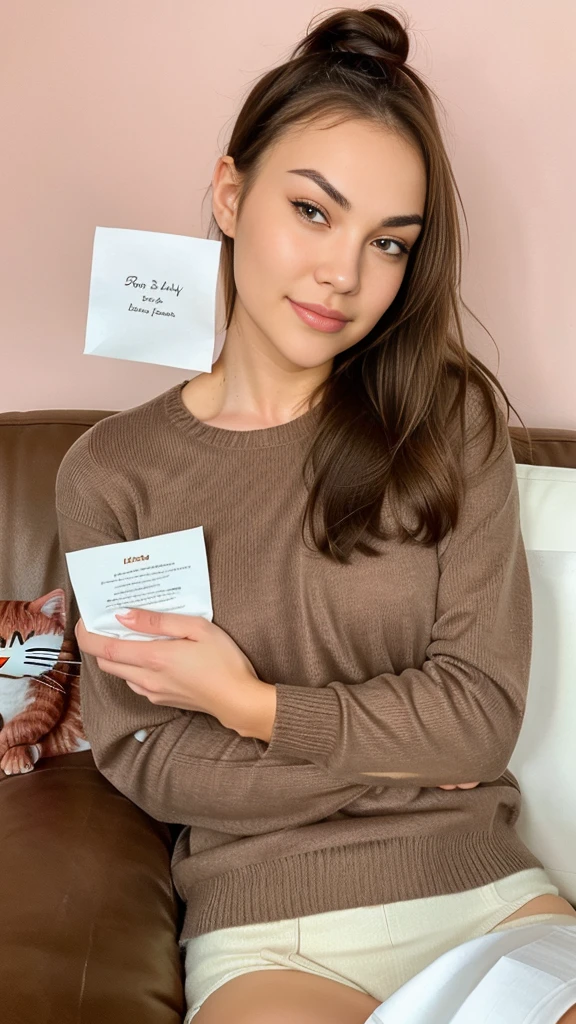 Sasha grey, jumper, brown hair in a bun, high detailed skin, skin pores, face selfie, sofa, smile,(( holding paper to camera, paper has word kitty rose