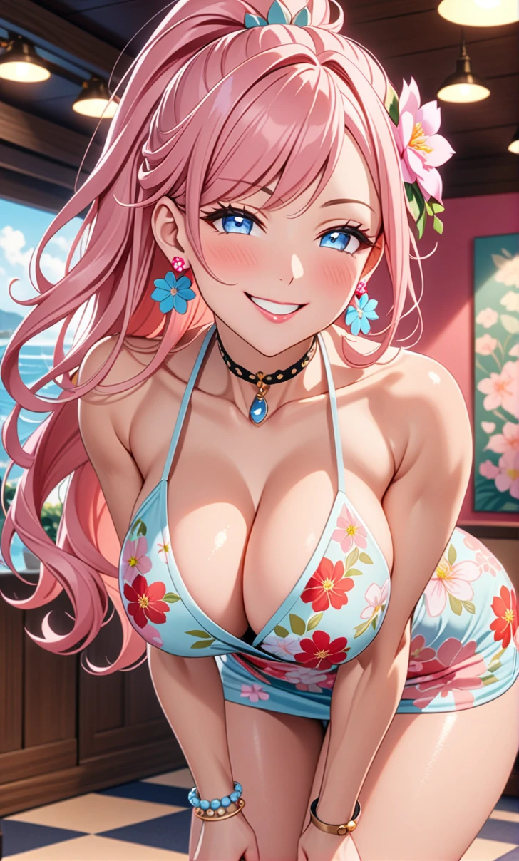 ultra-detailed, ((one girl)), (pale skin:1.2), in pastel colors gyaru, hyper detailed, absurdres, 8K, Beautiful Face, (Laugh shyly), ((teasing smile:1.8)), ((Wink:1.7)), (Laugh with your mouth wide open),((Tilt your head:1.6)), View your viewers, ((Bright red cheeks:1.6)),Glossy Red Lips, ((Big Breasts:1.5)), ((show off breast:1.4)), (erect nipples), night, Terrace on the coast, (Brighten your face), ((Anime style background)),masterpiece, Highest quality, so beautiful,Latest, Complex details, (Pink long nails), (nail art), (ring),(bracelet), (Floral Choker),AI-generated, Complex,High resolution, Highest quality, super high quality,3D Images、3D Images,One person,Pastel pink long hair,(High Ponytail), (wavy hair:1.3), Pastel anime woman posing for a photo, ((Fine grain、blue eyes、glowing eyes:1.4)), (Squint your eyes:1.1),a hyperRealistic , hyperRealistic , Realistic,Anime woman with long pastel pink hair, Smooth anime CG art, A girl in a gorgeous pastel-colored kimono, ((undressing)), ((Pastel-colored furisode)),(Pink large floral pattern) ,Long flower hair ornament,Floral Earrings,Mature Body, tall,Abdominal muscles,Tight waist, ((leaning forward:1.5)), (front view),