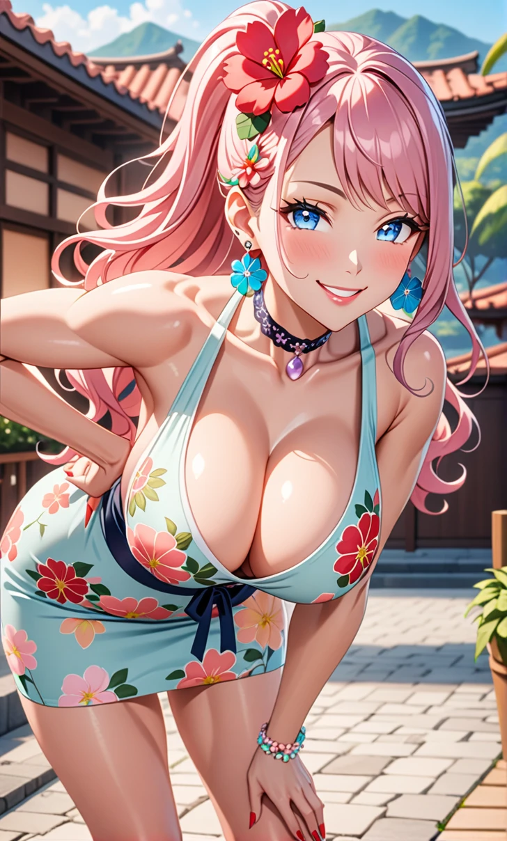 ultra-detailed, ((one girl)), (pale skin:1.2), in pastel colors gyaru, hyper detailed, absurdres, 8K, Beautiful Face, (Laugh shyly), ((teasing smile:1.8)), ((Wink:1.7)), (Laugh with your mouth wide open),((Tilt your head:1.6)), View your viewers, ((Bright red cheeks:1.6)),Glossy Red Lips, ((Big Breasts:1.5)), ((show off breast:1.4)), (erect nipples), night, Terrace on the coast, (Brighten your face), ((Anime style background)),masterpiece, Highest quality, so beautiful,Latest, Complex details, (Pink long nails), (nail art), (ring),(bracelet), (Floral Choker),AI-generated, Complex,High resolution, Highest quality, super high quality,3D Images、3D Images,One person,Pastel pink long hair,(High Ponytail), (wavy hair:1.3), Pastel anime woman posing for a photo, ((Fine grain、blue eyes、glowing eyes:1.4)), (Squint your eyes:1.1),a hyperRealistic , hyperRealistic , Realistic,Anime woman with long pastel pink hair, Smooth anime CG art, A girl in a gorgeous pastel-colored kimono, ((undressing)), ((Pastel-colored furisode)),(Pink large floral pattern) ,Long flower hair ornament,Floral Earrings,Mature Body, tall,Abdominal muscles,Tight waist, ((leaning forward:1.5)), (front view),
