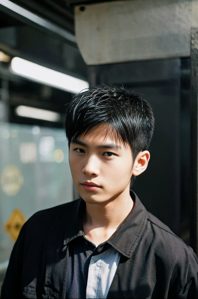 young asian man looking at camera In a black button-down shirt , By the train, sunlight 