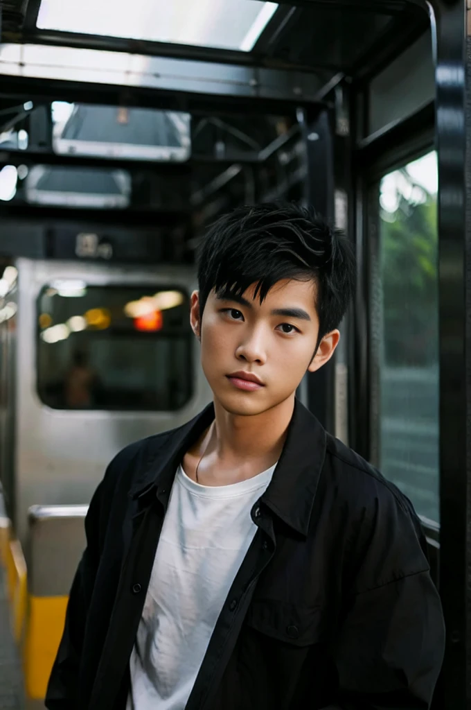 young asian man looking at camera In a black button-down shirt , By the train, sunlight