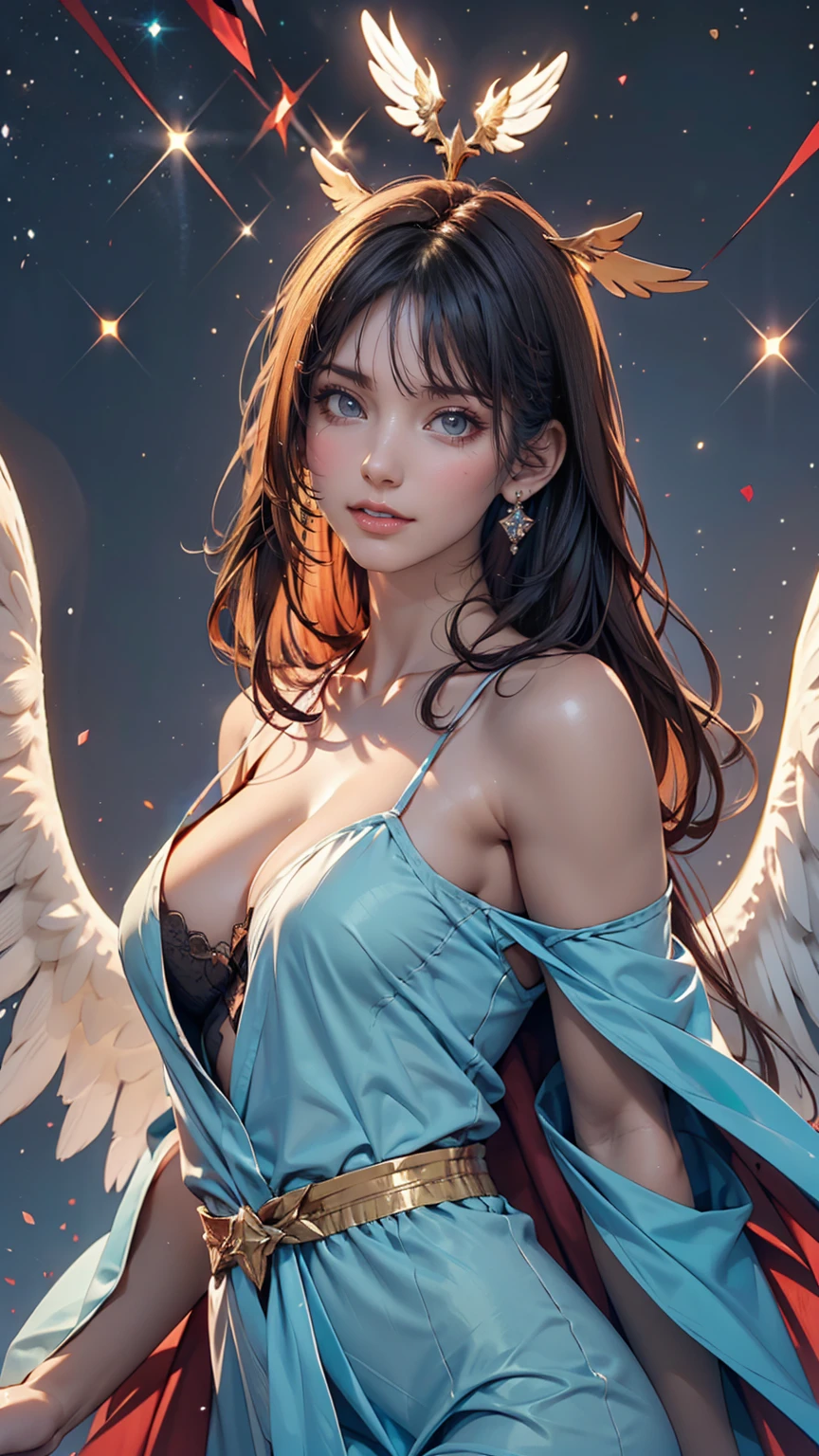 woman, Turquoise Hair, Red eyes, smile, Angel Wings, Golden halo, White Dress, Stand upright, In space, The Milky Way in the background, Distant Star, Upper Body、Sexy proportions、erotic、adult、Wear a loose robe、smile