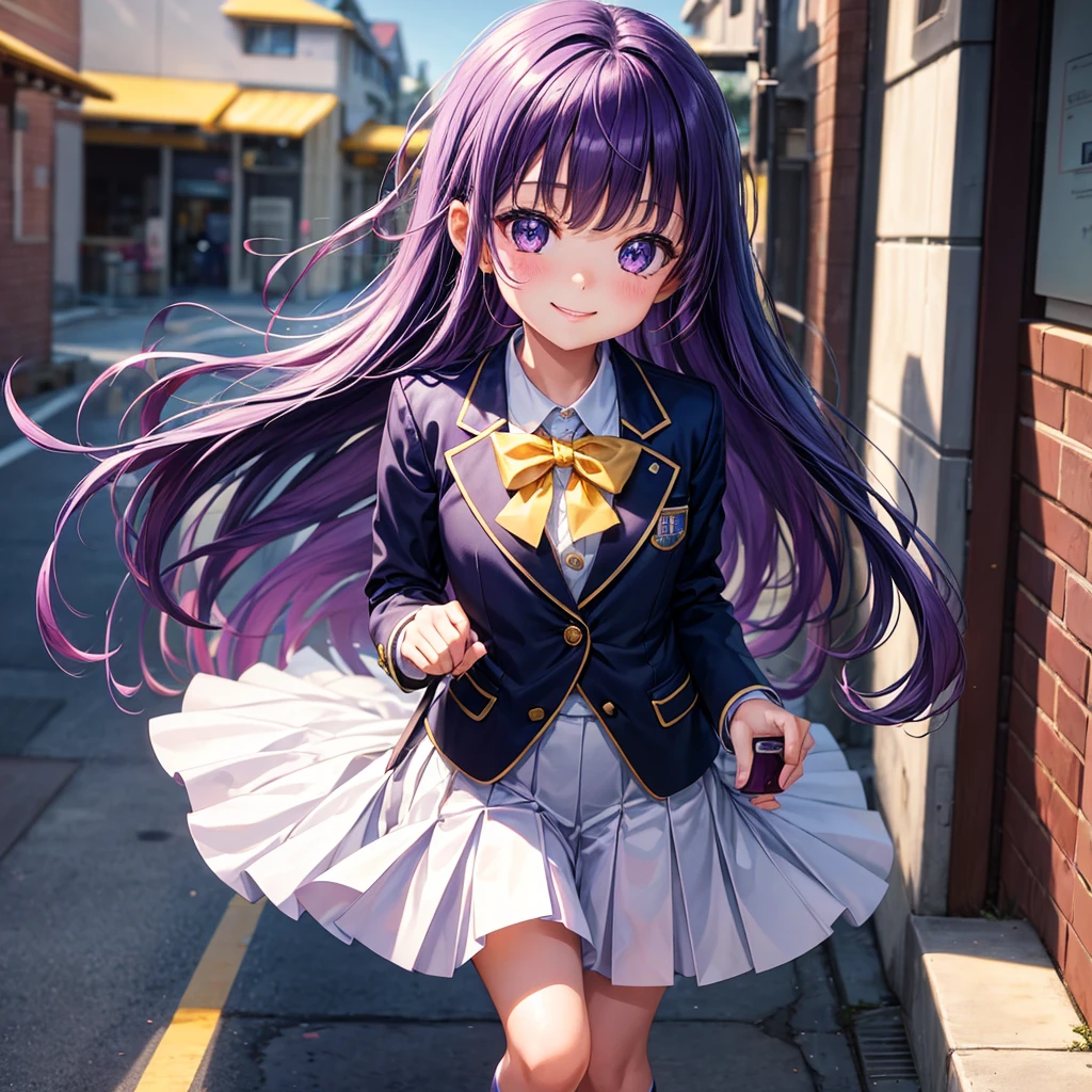 Girl,Elementary school girl,5Year old girl,smile, girl,masterpiece,Cute Girls,Long Hair,Sparkling eyes,Purple hair color,uniform,blazer,perfection,Best Quality,8K