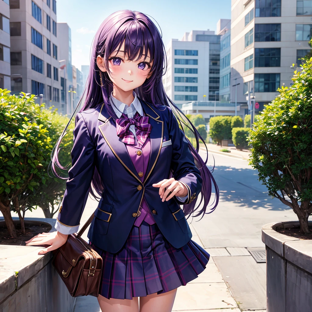 Girl，Elementary school girl，５Year old girl，smile， girl，masterpiece，Cute Girls，Long Hair，Sparkling eyes，Purple hair color，uniform，blazer，perfection，Best Quality，8K