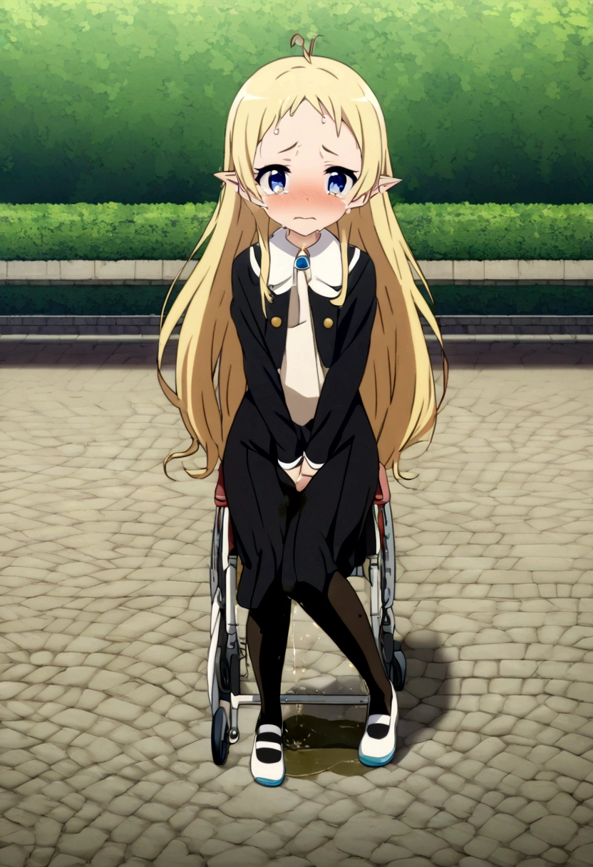 Anime. 1 girl. . Princess. Blonde. Long hair. Blue eyes. Beautiful eyes. Perfect eyes. Expressive eyes. Eyes covered with a faded film. Blind eyes. Blind. Ideal face. Ideal anatomical body. Beautiful long legs. Beautiful body. Beautiful nose. 12 ybarrassment. Blush. Beautiful character design. Shiny skin. Light white dress. Shoes. Hair decorations. Disabled person. Paralytic. Sitting. Wheelchair. Hands on crotch. Urinary incontinence. Wants to pee. She needs to pee. She has a strong, desperate urge to pee. He squeezes his crotch tightly. Rubs copper. Slight lean forward. She peed herself. Fantasy city. A park. Date. He takes off his wet panties. Tears in my eyes. Cry. Snot flows from the nose. Full body. nsfw. Official art. Extremely detailed CG Unity 8k wallpaper. Ideal lighting. Ultra high resolution 4K. Super detailed 8K. A high resolution.