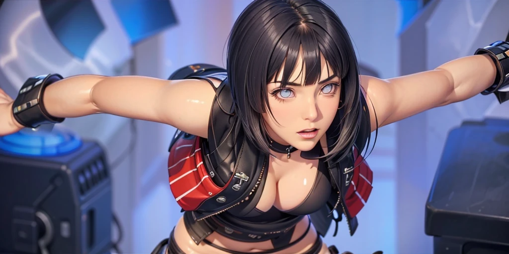 (((Perfect body,White and tender skin,(((Ninja Costume,))),(((hyuugahin,hyuugahin,hinata\(boruto\),hyuugahin, "black long hair", blue eyes,blunt bangs))),((masterpiece)),high resolution, ((Best quality at best)),masterpiece,quality,Best quality,((( Exquisite facial features,Looking at the audience,There is light in the eyes,blush,Happy,lol))),Open your arms,Blue flames emanate from the body))),(((Light and shadow,Huge breasts))),(((Looking at the camera,black background,))))