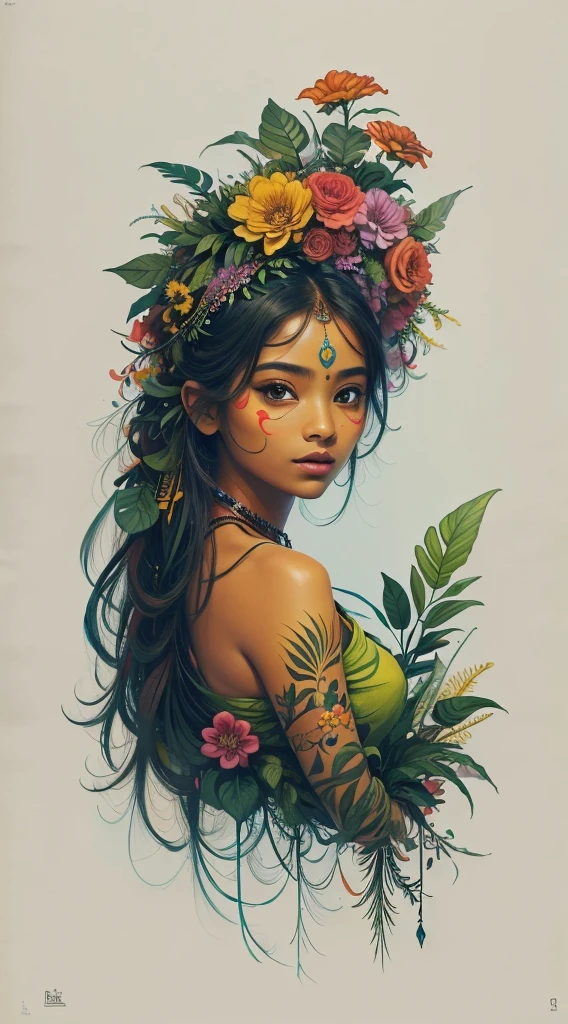 The image shows a breathtaking and stunningly beautiful East Indian girl, whose body is fused with flowers and foliage, Color Vibrant, in the style of a high resolution pen and ink drawing, isographic portrait, hard edges, high qualiy, minimalist art, ultra HD, 4K, 8K