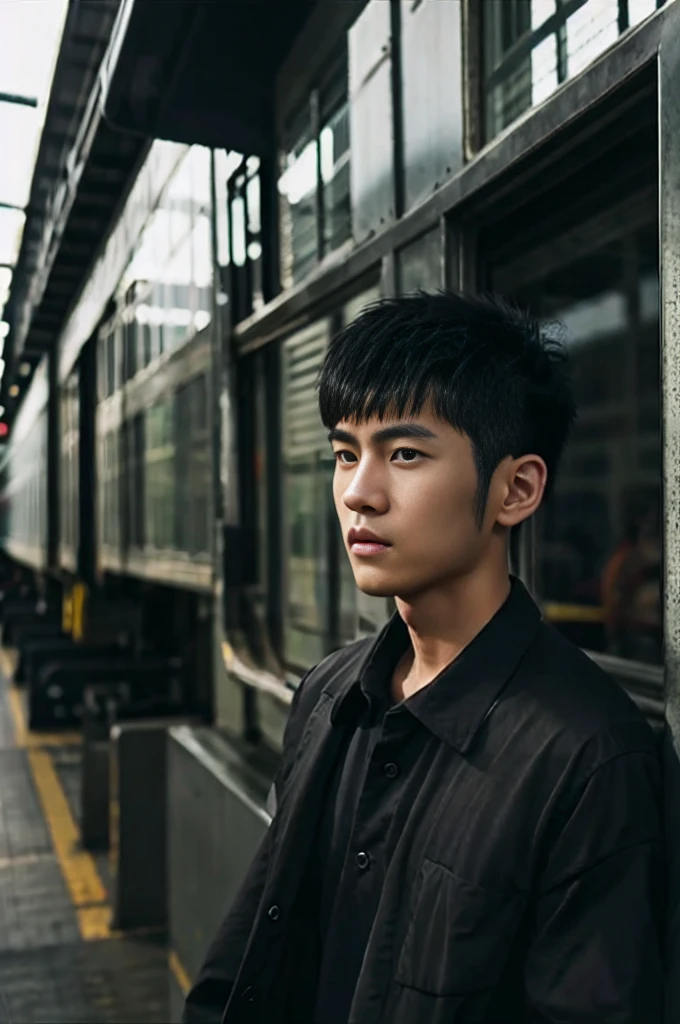young asian man looking at camera In a black button-down shirt , By the train, sunlight 