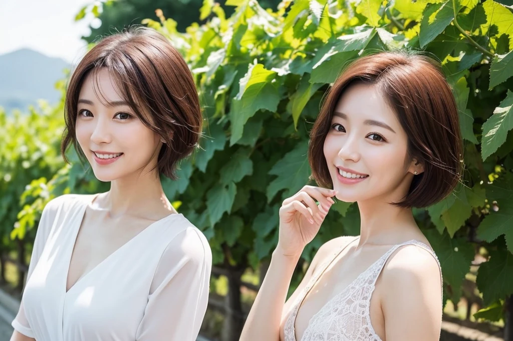 k Best picture quality, Beautiful 36-year-old Korean woman, clear and nice weather. Chest size 34 inches, Through the vineyards of the Italian countryside, The cathedral is visible on the hill., The back background is realistic and vivid image quality, short medium hair blowing in the wind, Wearing high-end luxury brand casual pants, Smile slightly. the background is clear, Short and slim Korean woman, A distinct face, fingers delicately, 1 woman