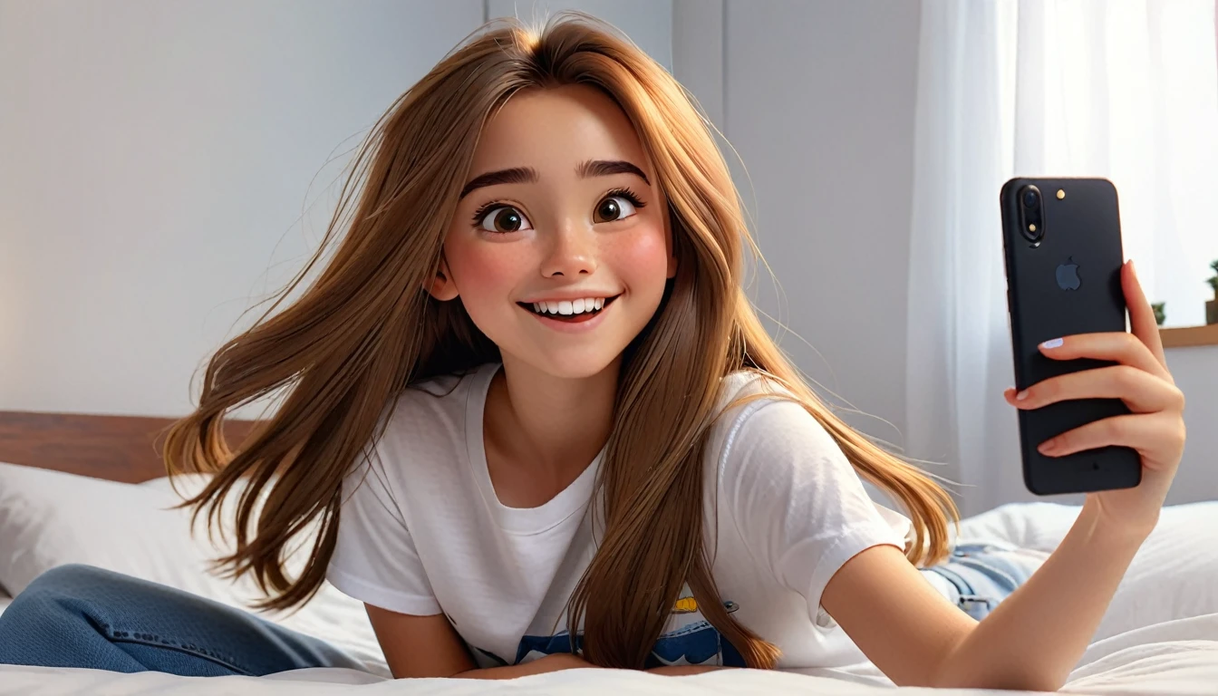 ((masterpiece, best quality)), award winning, 4k, 8k, simple background, photography, visible face, (one girl), 20 years old, Teenage girl with a cheerful and playful demeanor. She has long, straight hair, a simple white plain t-shirt and denim. lying in bed, taking selfie. Pixar Character. 