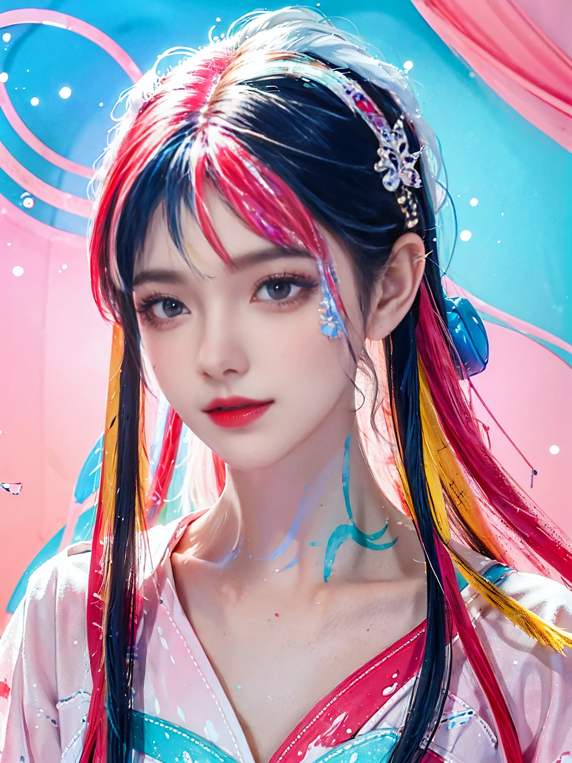 Curly long hair blue and pink, short red frock, cute, hot face shape , 8 k, high details, illustrate, realistic, masterpeace, black boot , --auto