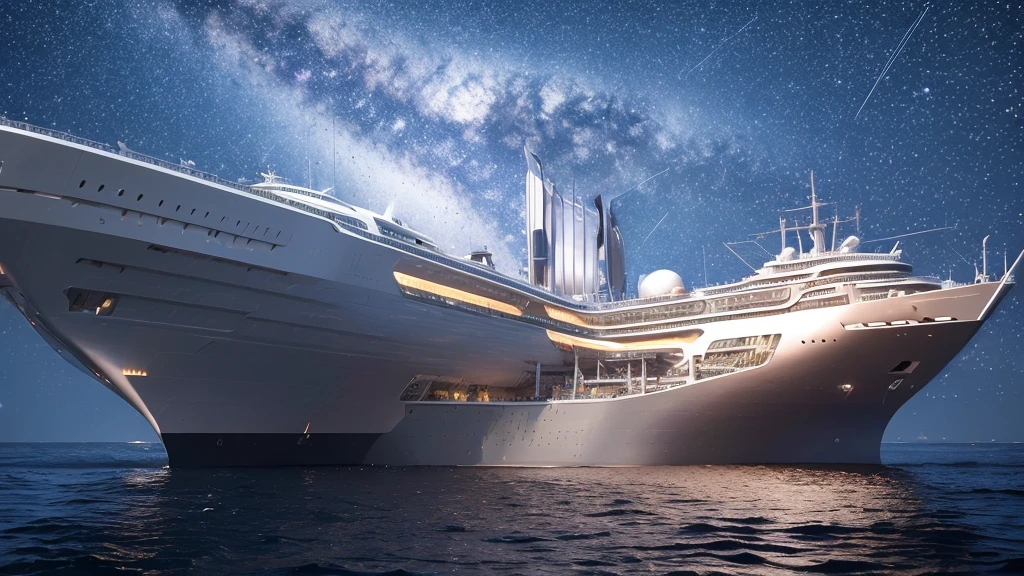 A colossal ship (Futuristic)3 kilometers, with a silver fuselage shining against a background with the starry universe in 3D format with vivid colors
