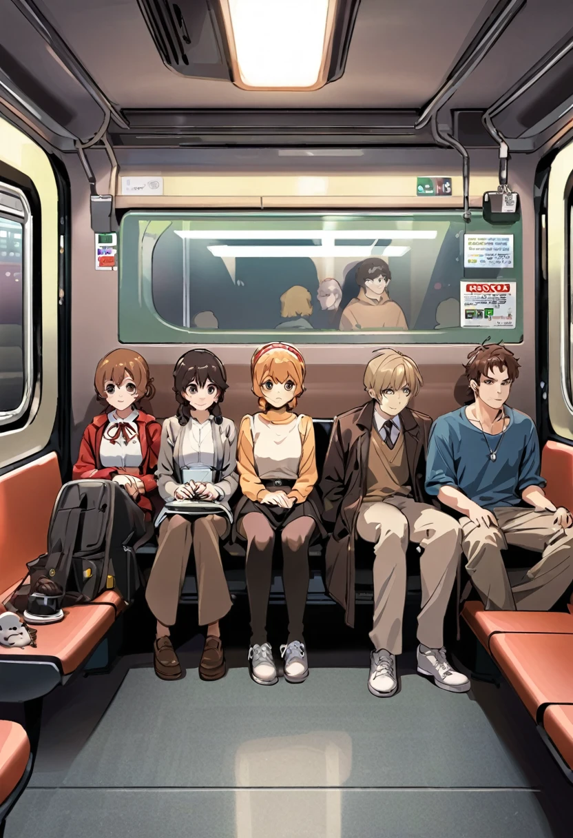 Manga cover style, detailed. best quality, art, detailed face, in the style of lora marvin. a subway, with passengers all sitting and waiting