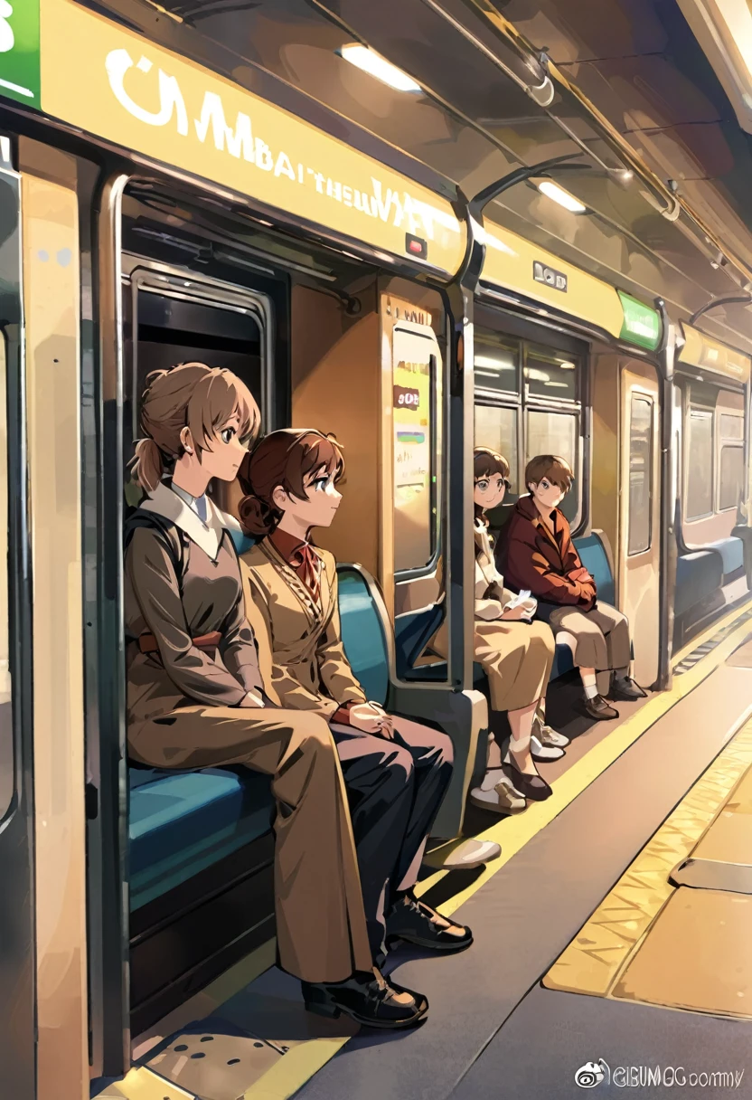 Manga cover style, detailed. best quality, art, detailed face, in the style of lora marvin.  a subway, with passengers all sitting and waiting