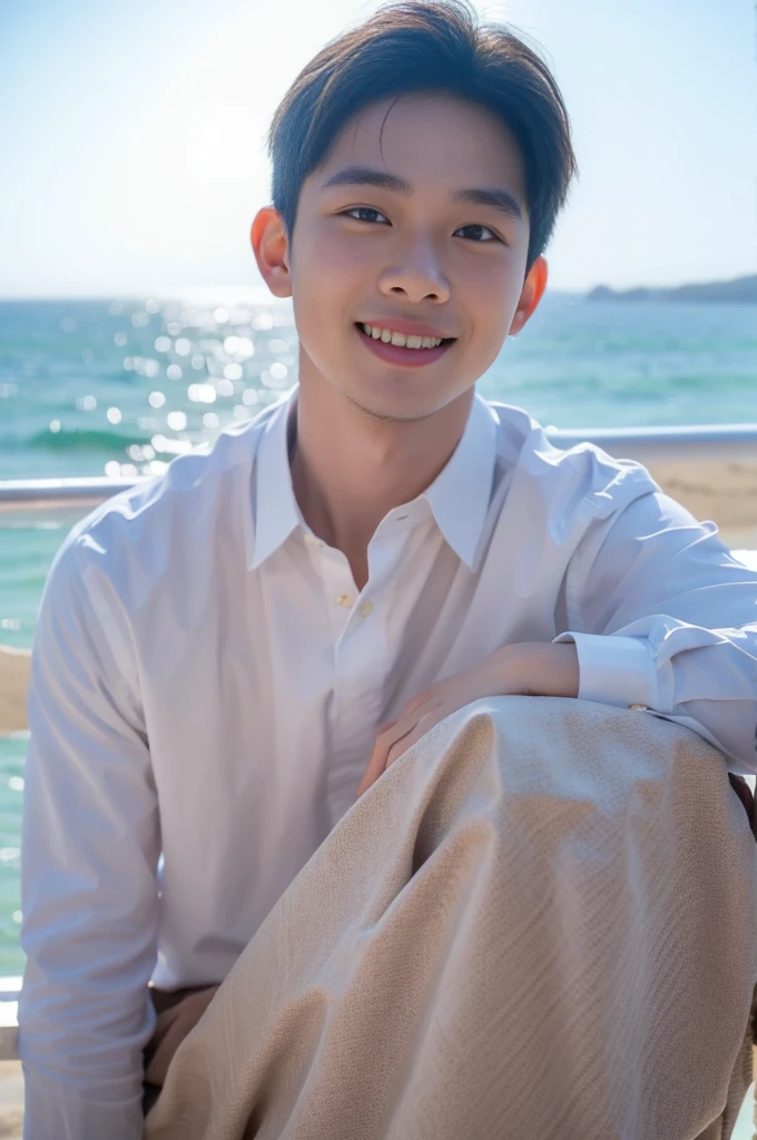 ((Highest quality, 8K, Masterpiece: 1.3))、Thailand Laos Burma Asia, Thai man, A handsome Asian rugby player with short hair, a muscular beard, and big muscles., 1A man who has、 yo、Good appearance、Beautiful nose、smile、 Detailed eyes and face、beautiful light、(studio)、high resolution、(Look at the viewer.)、Fine mouth、smile、whole body: 1.5, perfect shape: 1.3, looking at camera ,Gray button-down shirt , seaside beach sunshine looking at the sea