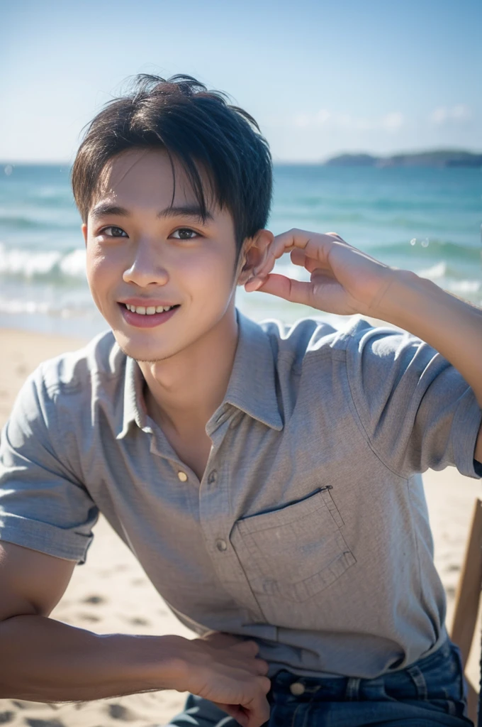 ((Highest quality, 8K, Masterpiece: 1.3))、Thailand Laos Burma Asia, Thai man, A handsome Asian rugby player with short hair, a muscular beard, and big muscles., 1A man who has、 yo、Good appearance、Beautiful nose、smile、 Detailed eyes and face、beautiful light、(studio)、high resolution、(Look at the viewer.)、Fine mouth、smile、whole body: 1.5, perfect shape: 1.3, looking at camera ,Gray button-down shirt , seaside beach sunshine looking at the sea