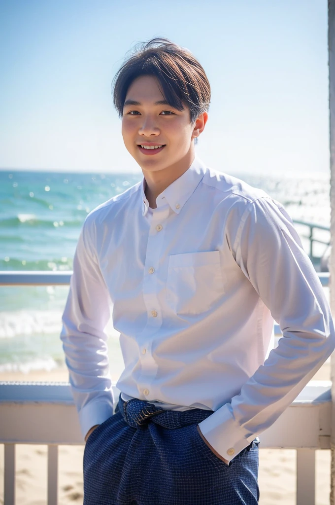 ((Highest quality, 8K, Masterpiece: 1.3))、Thailand Laos Burma Asia, Thai man, A handsome Asian rugby player with short hair, a muscular beard, and big muscles., 1A man who has、 yo、Good appearance、Beautiful nose、smile、 Detailed eyes and face、beautiful light、(studio)、high resolution、(Look at the viewer.)、Fine mouth、smile、whole body: 1.5, perfect shape: 1.3, looking at camera ,Gray button-down shirt , seaside beach sunshine looking at the sea