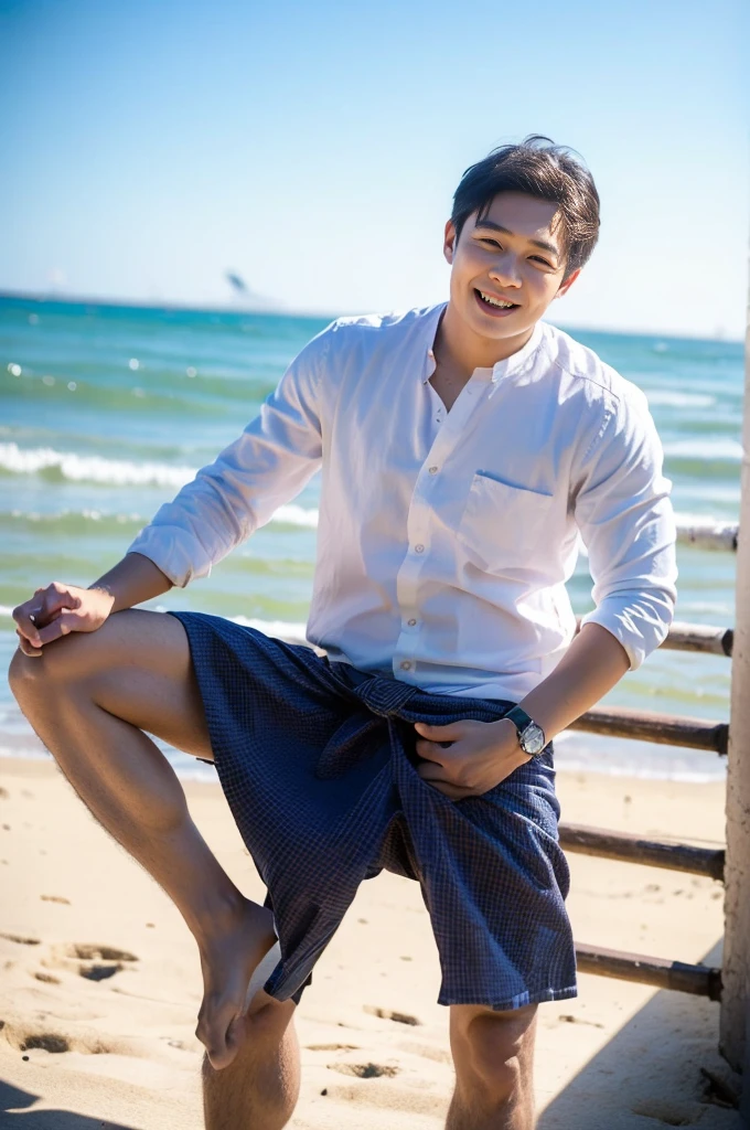 ((Highest quality, 8K, Masterpiece: 1.3))、Thailand Laos Burma Asia, Thai man, A handsome Asian rugby player with short hair, a muscular beard, and big muscles., １A man who has、 yo、Good appearance、Beautiful nose、smile、 Detailed eyes and face、beautiful light、(studio)、high resolution、（Look at the viewer.）、Fine mouth、smile、whole body: 1.5, perfect shape: 1.3, looking at camera ,Gray button-down shirt , seaside beach sunshine looking at the sea