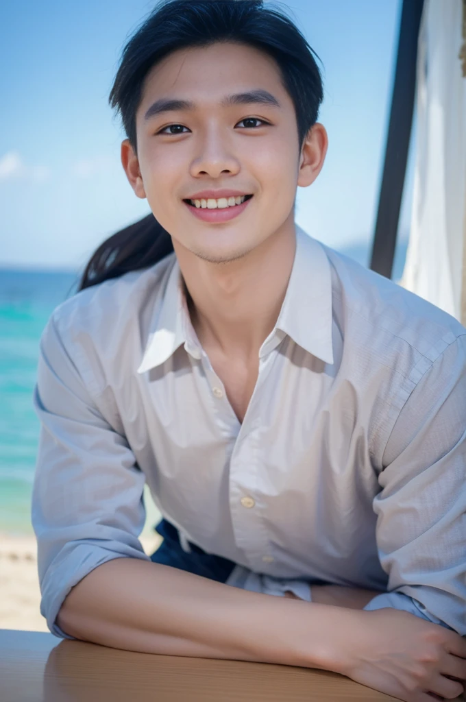 ((Highest quality, 8K, Masterpiece: 1.3))、Thailand Laos Burma Asia, Thai man, A handsome Asian rugby player with short hair, a muscular beard, and big muscles., 1A man who has、 yo、Good appearance、Beautiful nose、smile、 Detailed eyes and face、beautiful light、(studio)、high resolution、(Look at the viewer.)、Fine mouth、smile、whole body: 1.5, perfect shape: 1.3, looking at camera ,Gray button-down shirt , seaside beach sunshine looking at the sea