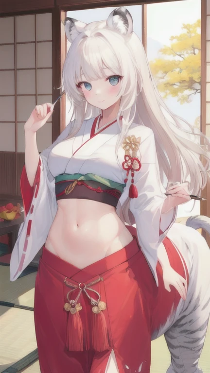 (best quality, masterpiece), 1 girl, centaur, It takes, White skin, Japanese , exposing the abdomen,belly button t-shirt, 아름다운 소녀 perfect white tiger photo, perfect white tiger photo