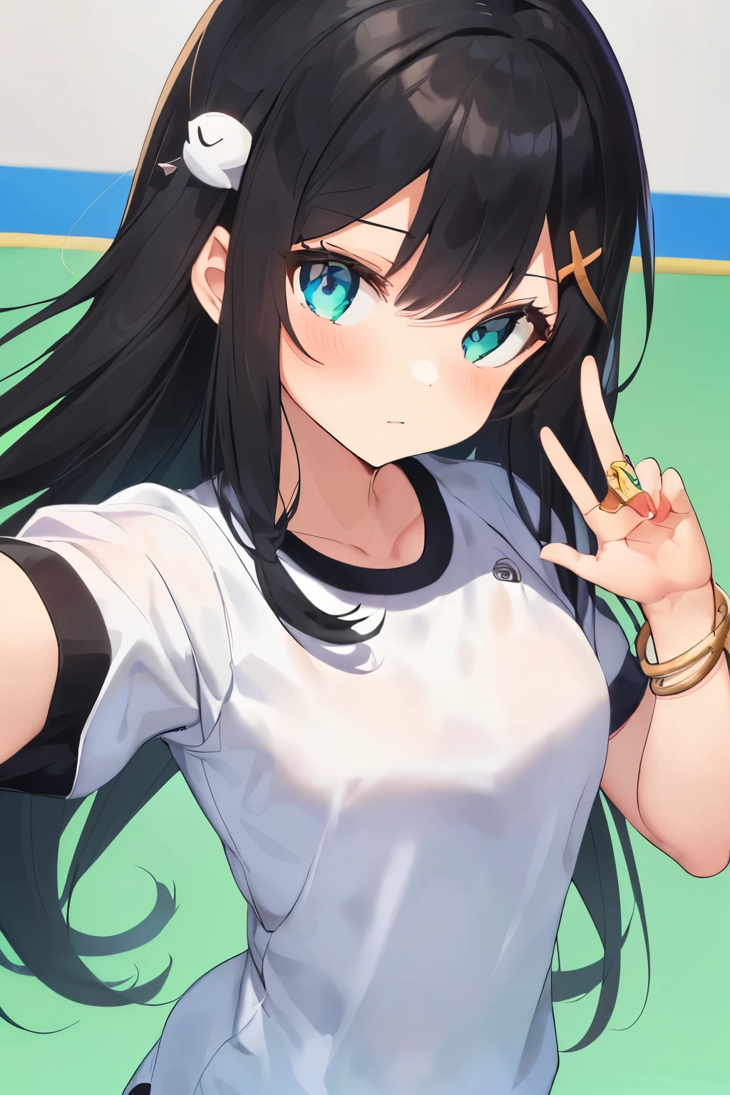 (masterpiece, high detail, high quality model, perfect face, 1 cute girl, 22 year old girl, long black hair, Elemental Magic, dynamic, beautiful eyes, Golden Bracelet ,(black buruma, wearing White gym clothes:1.5), (a girl running a ground)、((X hair ornament):1.2),, perfect hands and fingers, Decided, guaranteed,(School Scene) , break,  (facing the front)