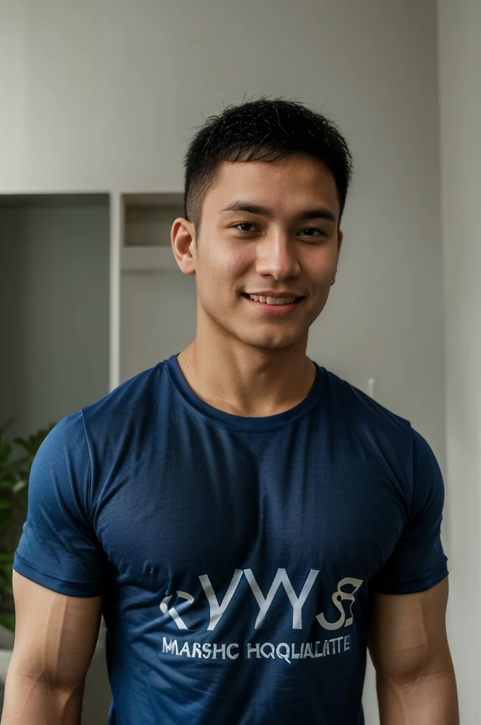 ((Highest quality, 8K, Masterpiece: 1.3))、Thailand Laos Burma Asia, Thai man, A handsome Asian rugby player with short hair, a muscular beard, and big muscles., 1A man who has、 yo、Good appearance、Beautiful nose、smile、 Detailed eyes and face、beautiful light、(studio)、high resolution、(Look at the viewer.)、Fine mouth、smile、whole body: 1.5, perfect shape: 1.3, Picture of both shoulders:1.3, Navy blue round neck t-shirt:1.5