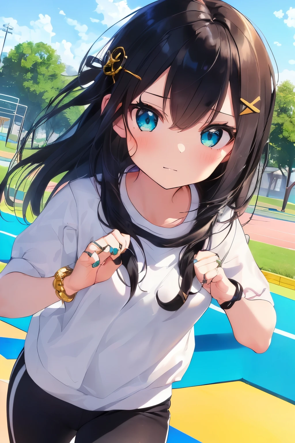 (masterpiece, high detail, high quality model, perfect face, 1 cute girl, 22 year old girl, long black hair, Elemental Magic, dynamic, beautiful eyes, Golden Bracelet , break, (black buruma, wearing White gym clothes:1.5), (a girl running a ground:1.4), ((X hair ornament):1.2), perfect hands and fingers, Decided, guaranteed,(School Scene)