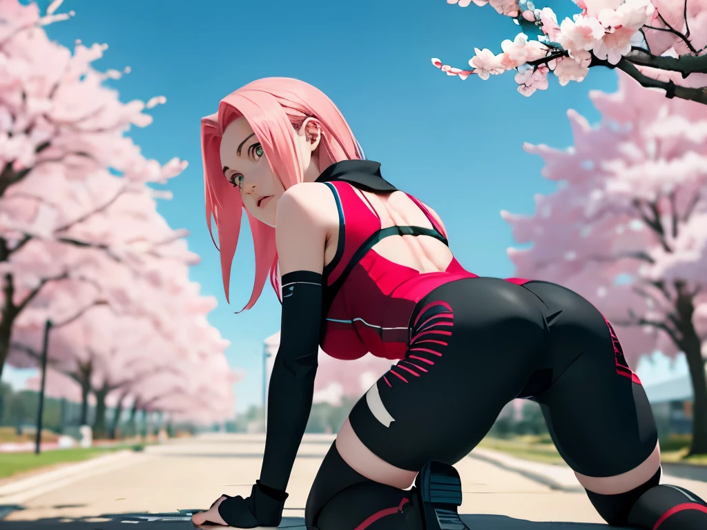 masterpiece, Best quality at its best, 1 girl, Sakura Haruno, ,red clothes,(split),Increased, be sexy,shy,wicked,with pink hair, Long pink hair, (green eyes:1.4), Forehead Protection, cherry trees,Flying cherry blossoms, full face pop, rear, palms touch the ground, on the knees ,tight black bike shorts,the body is strongly tilted forward, the back is arched back, hips are wide and straight, Knees together, Body low to the ground , Super Detail , excellent rendering quality