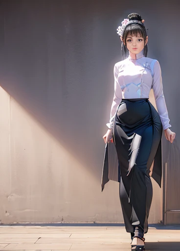 photorealistic, high resolution, masterpiec e best quality ultra-detailed, 1women. (m edium breast), hair bun, jesmine flower o n the head, mature female, solo, hips up, (wearing acmmsayarma outfit, acmmsaya rma white top with buttons, long sleeves), ((acmmsayarma black long skirt) ((full body)))3D HD