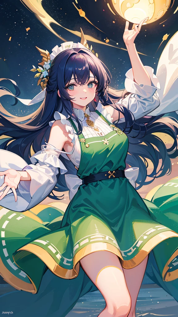 Highest quality, shape, Very detailed, In detail, High resolution, 8k wallpaper, Perfect dynamic composition, Beautiful details, Center of chest, Natural color lip, Random sexy poses,smile,20-year-old girl,Huge , A woman with long wavy blue hair wearing a green dress and a red apron