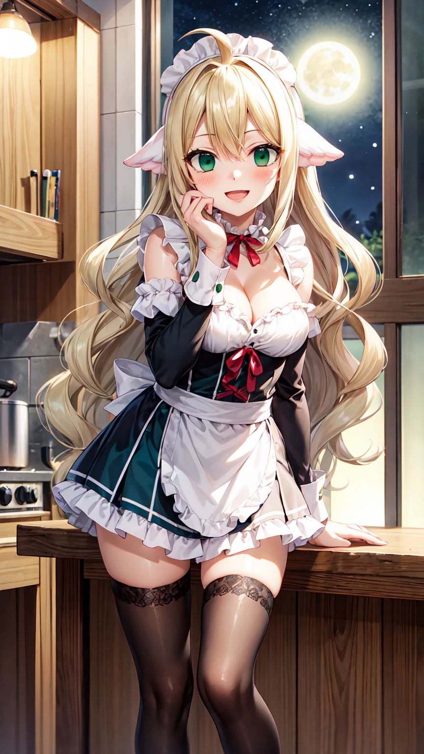 Masterpiece ,best quality , high resolution , (1 girl solo:1.38) , (mavis, long hair, blonde hair, (green eyes:1.5), ahoge, wavy hair) , (cleavage:1.2) , (medium breast:1.28) , (wearmaid miniskirt , maid head band , sleeves , stockings ) , (cleavage:1.15) , (big breast:1.1) , (face view , look at view) , (indoor, in kitchen , night , moonlight , windows , candel , coffee on table ) , (standing , thighs ) , ( smile , open mouth , full face blush , shy )