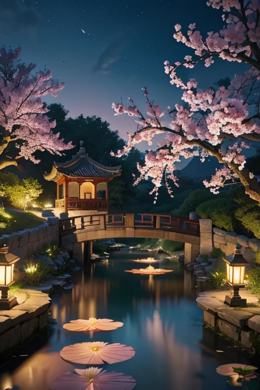 A beautiful detailed peach blossom garden in ancient China, lush peach trees in full bloom, intricate stone bridges, serene ponds with lotus flowers, exquisite traditional Chinese architecture, ancient scholars strolling through the garden, no light, at night,(best quality,4k,8k,highres,masterpiece:1.2),ultra-detailed,(realistic,photorealistic,photo-realistic:1.37),HDR,UHD,ultra-fine painting,sharp focus,physically-based rendering,extreme detail description,professional,bokeh,landscape,intricate details,