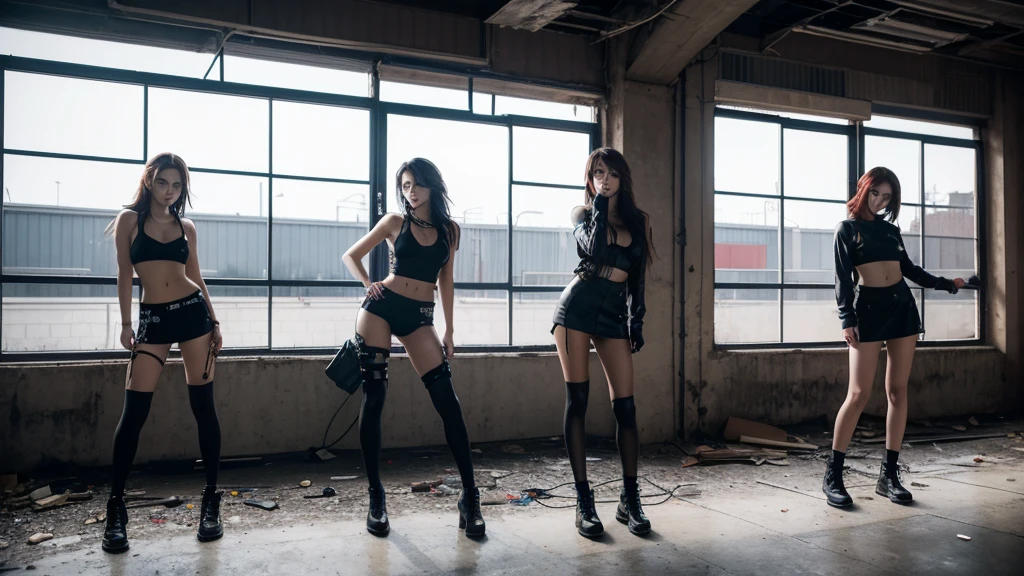 4 girls from a girl group inside an abandoned warehouse posing together with a dominate pose. Dark edgy clothes and hairstyles. Red light peaks throuth the windows