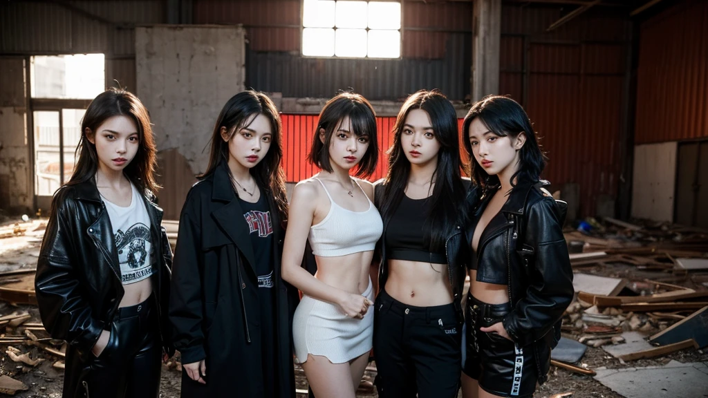 4 girls from a girl group inside an abandoned warehouse posing together with a te pose. Dark edgy clothes and hairstyles. Red light peaks throuth the windows