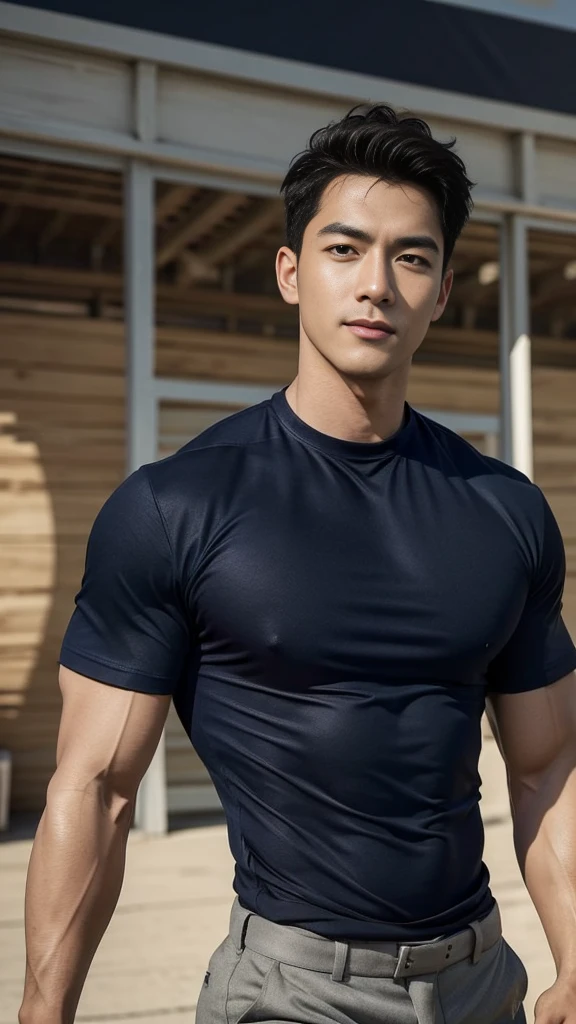 (Create a masterpiece: 1.2),(CGI art:1.3),(realistic:1.5),(After processing:1.3), (Sharp focus:1.3), 1 man, open mouth, smile, (Navy blue round neck shirt:1.3), Navy cargo pants, Korean guy , korean men, (High gloss details), chest muscles, large arm muscles, blood vessel, Big muscles, Broad shoulders, looking at the audience, Balancing the eyes, Seaside, beach, sunlight, running towards the camera